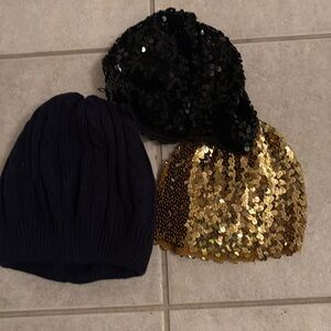 Gold sequin beanie  hat with black sequin and navy blue  beanie lotx 3